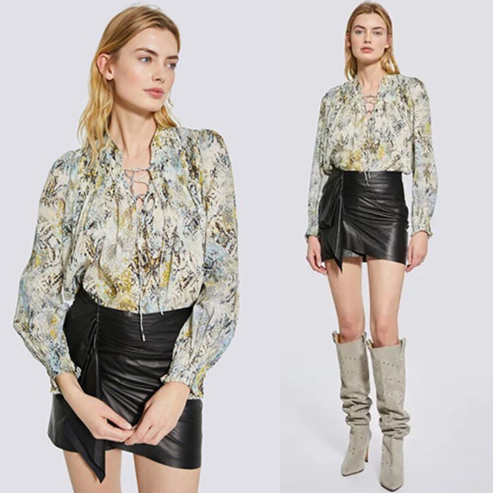 NEW Iro Calli Cotton Printed Lace Up Top Women's Green Multi Size: XS